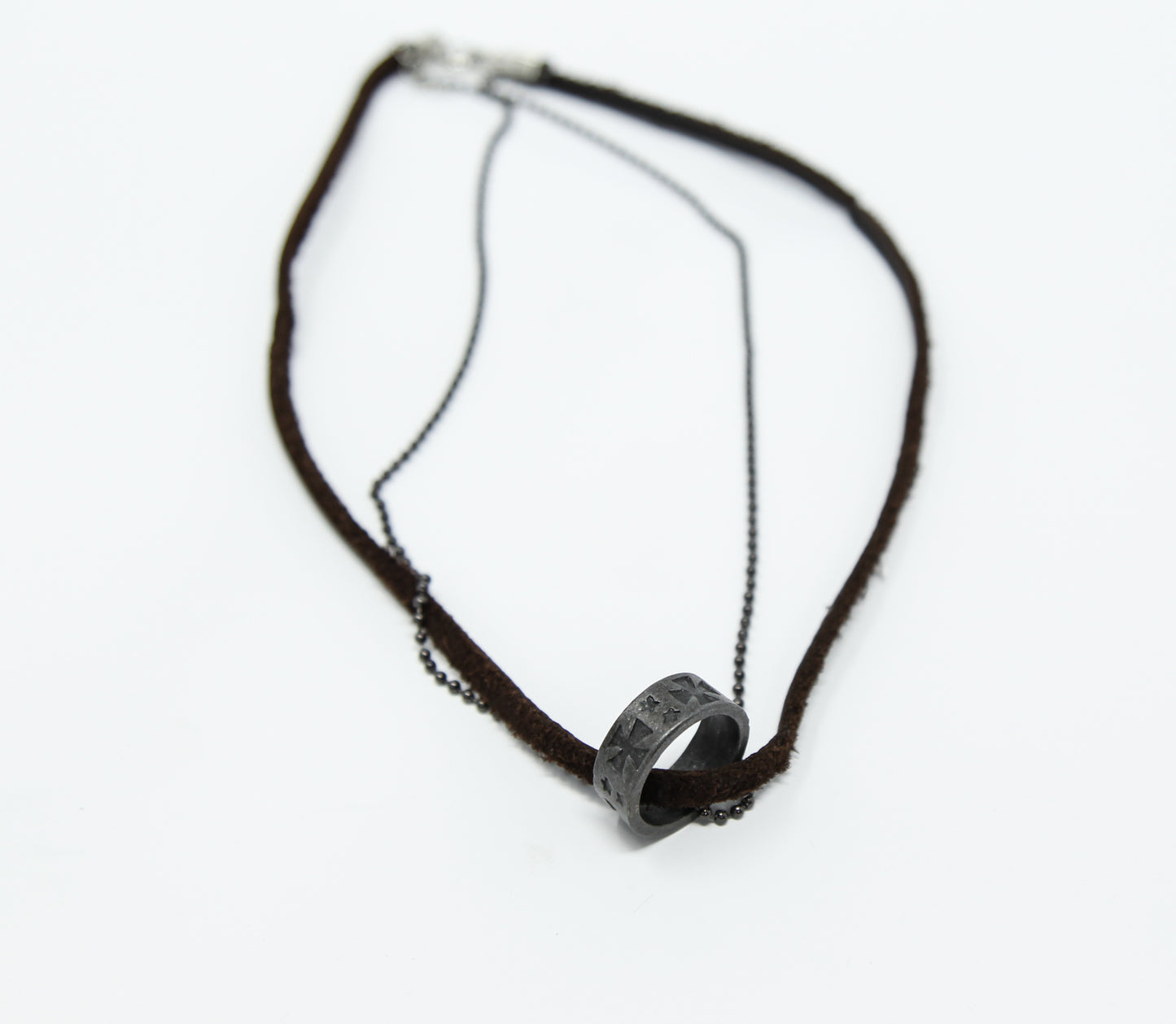 Leather Crossed Ring Necklace